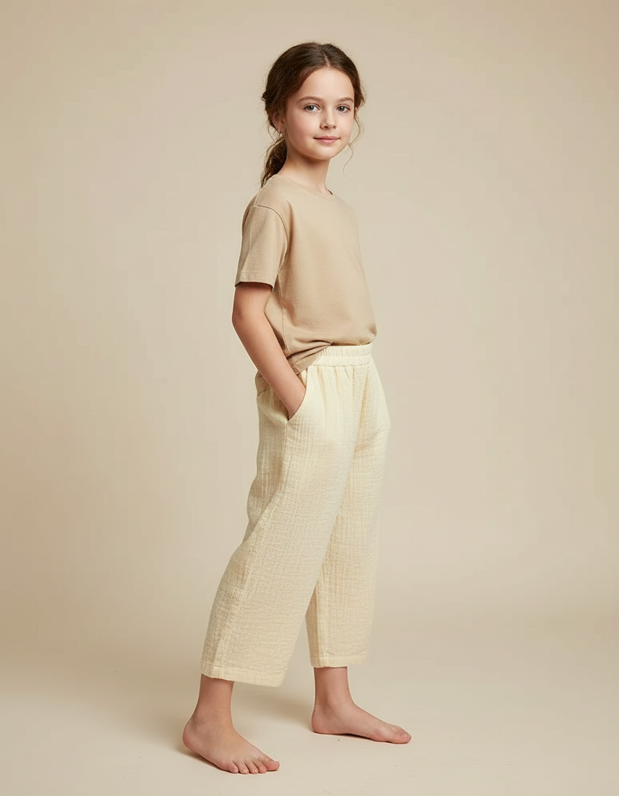 Pantalon Chinois Coton Lin Ample Écru Confortable - Beige