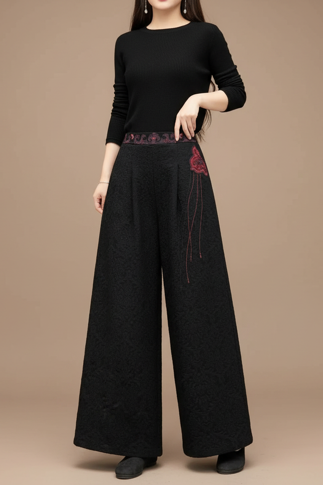 Pantalon Chinois Noir Brodé Ample Jacquard Ethnique Femme - Polyester