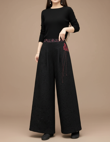 Pantalon Chinois Noir Brodé Ample Jacquard Ethnique Femme - Polyester