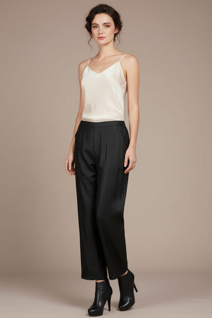 Pantalon Chinois Noir Brodé Coupe Droite Femme Soie Fluide
