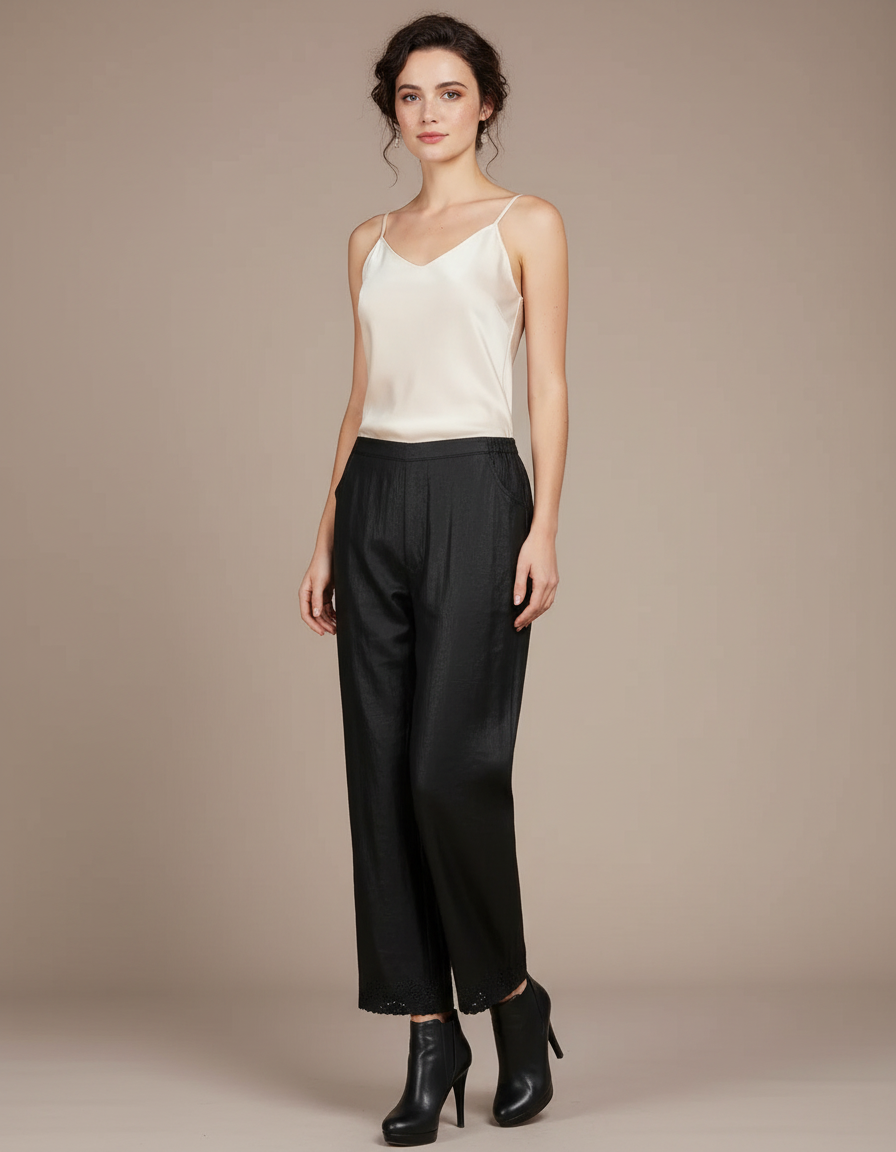 Pantalon Chinois Noir Brodé Coupe Droite Femme Soie Fluide