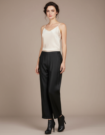Pantalon Chinois Noir Brodé Coupe Droite Femme Soie Fluide