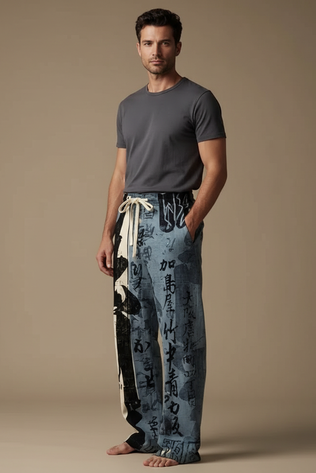 Pantalon Chinois Imprimé Calligraphie Large Décontracté Élégant - Lin