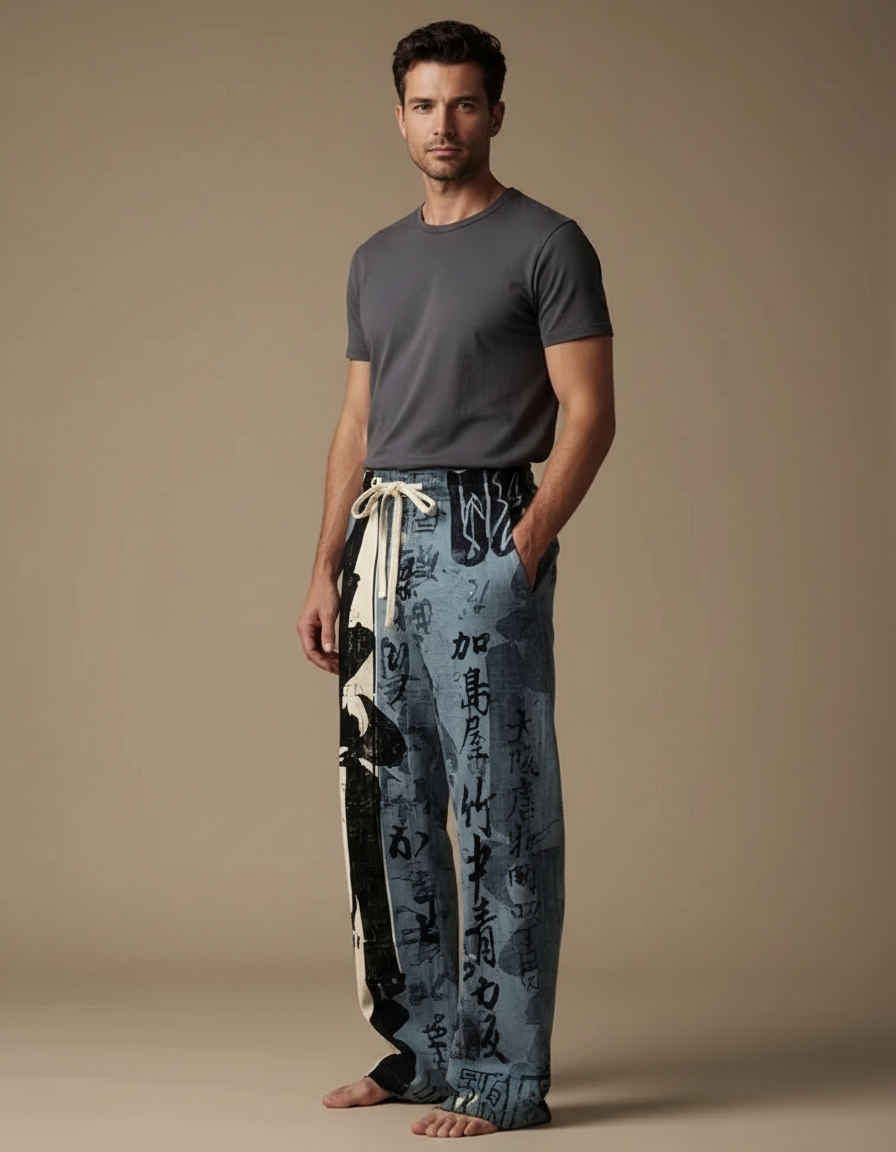 Pantalon Chinois Imprimé Calligraphie Large Décontracté Élégant - Lin