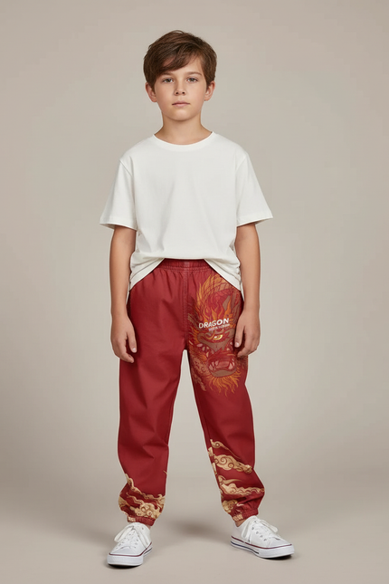 Pantalon Chinois Rouge Dragon Streetwear Garçon - Polyester