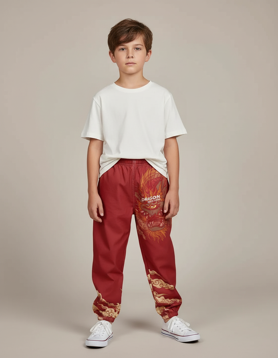 Pantalon Chinois Rouge Dragon Streetwear Garçon - Polyester