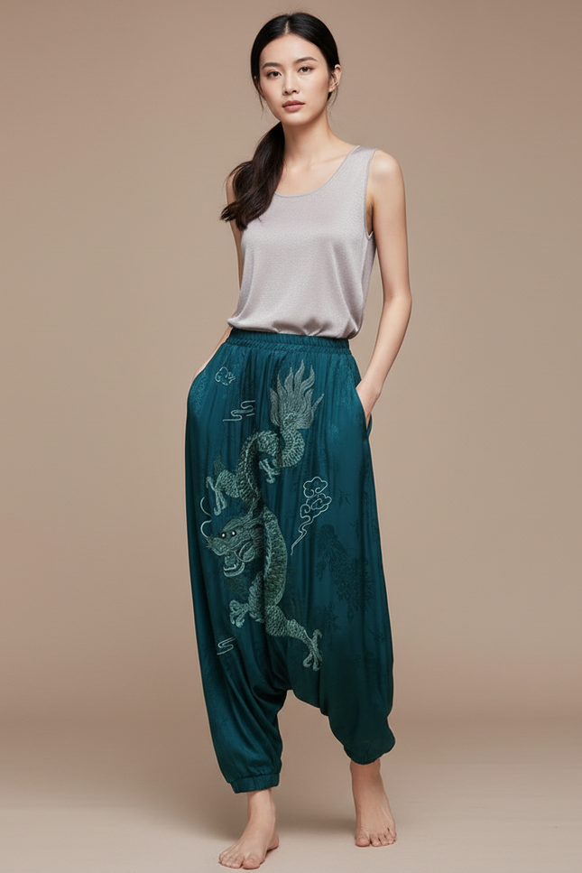 Pantalon Chinois Vert Dragon Brodé Satin Ample Femme