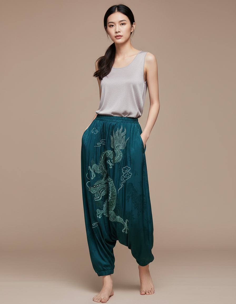 Pantalon Chinois Vert Dragon Brodé Satin Ample Femme