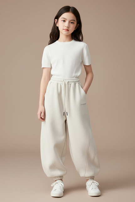 Pantalon Chinois Crème Ample Sportif Molleton Fille - Beige