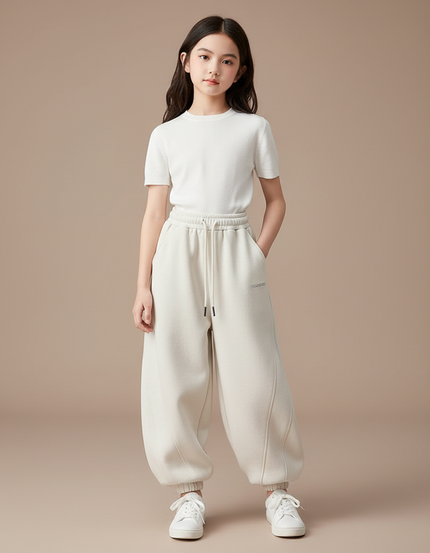 Pantalon Chinois Crème Ample Sportif Molleton Fille - Beige