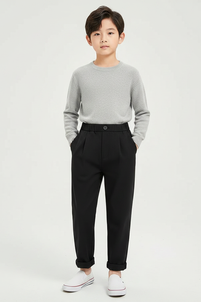 Pantalon Chinois Noir Plissé Décontracté Garçon Coton - Gabardine