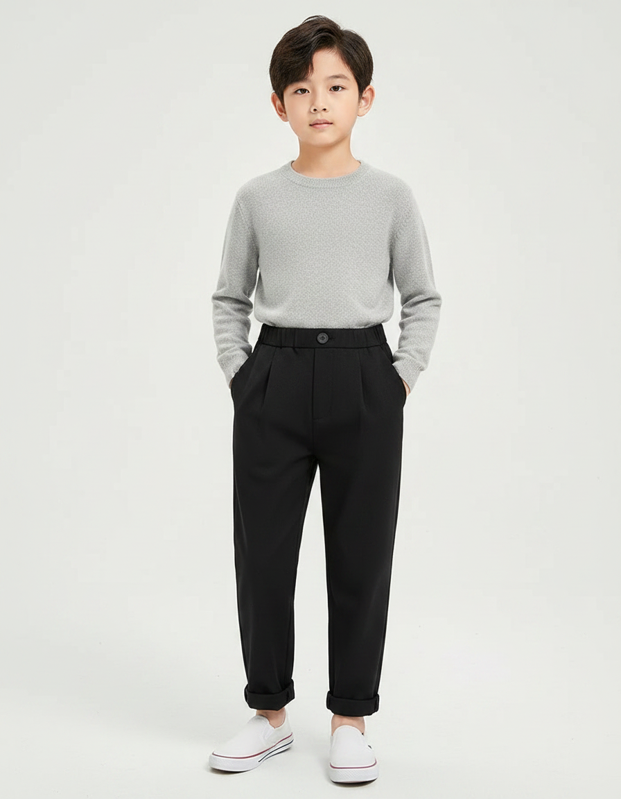 Pantalon Chinois Noir Plissé Décontracté Garçon Coton - Gabardine