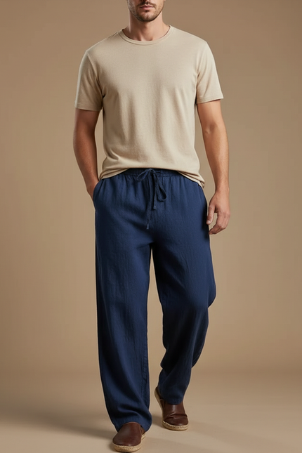 Pantalon Chinois Bleu Marine Ample Coton Lin Cordon