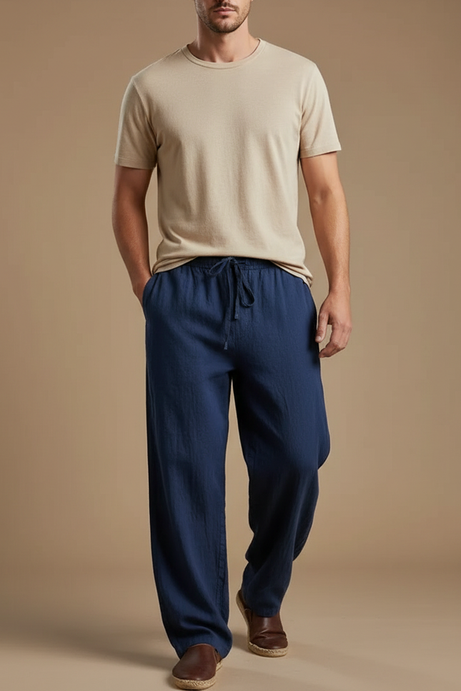 Pantalon Chinois Bleu Marine Ample Coton Lin Cordon