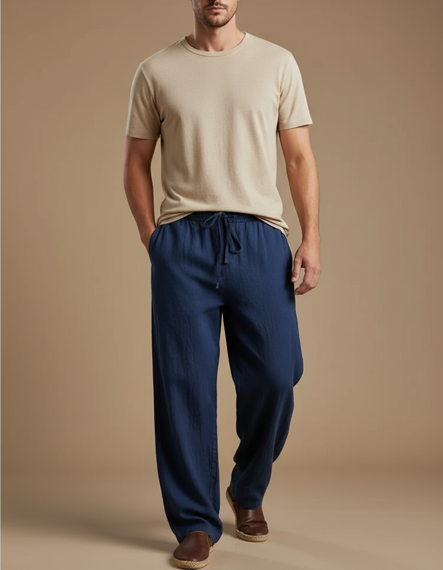 Pantalon Chinois Bleu Marine Ample Coton Lin Cordon
