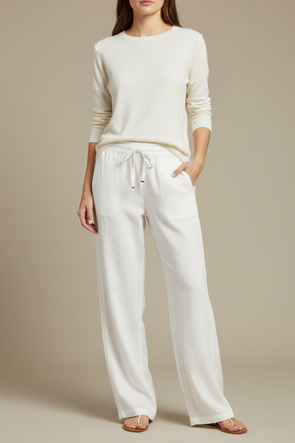 Pantalon Chinois Blanc Lin Ample Cordon Décontracté