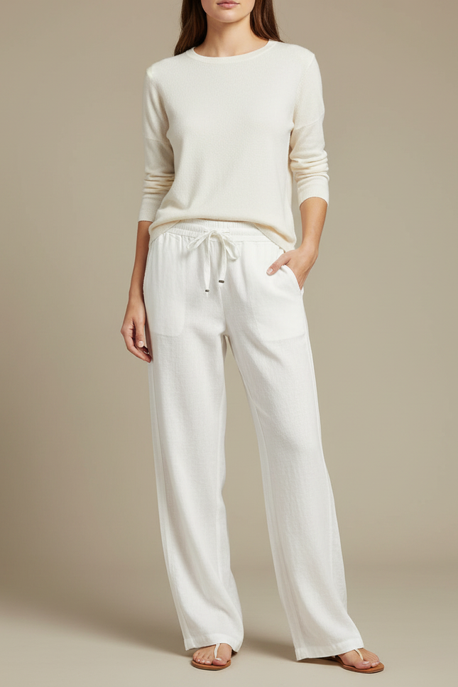Pantalon Chinois Blanc Lin Ample Cordon Décontracté
