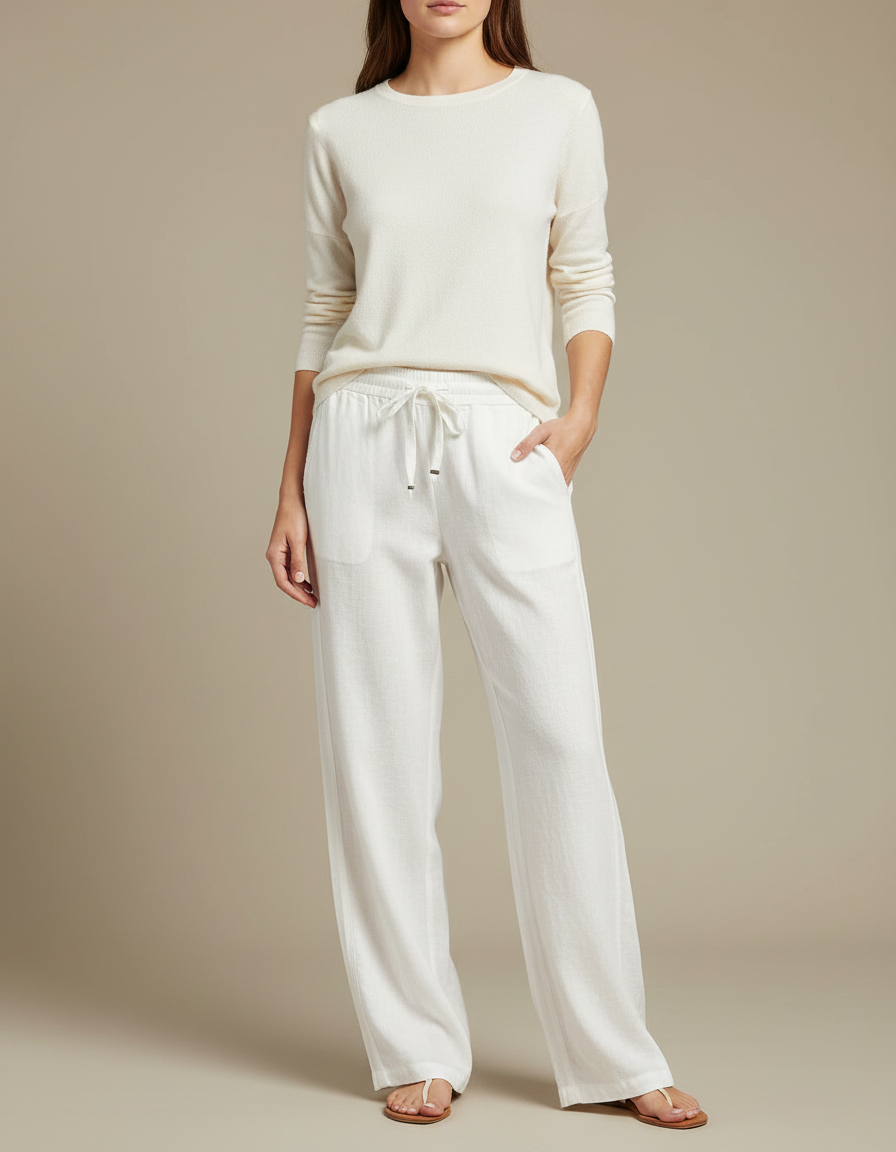 Pantalon Chinois Blanc Lin Ample Cordon Décontracté
