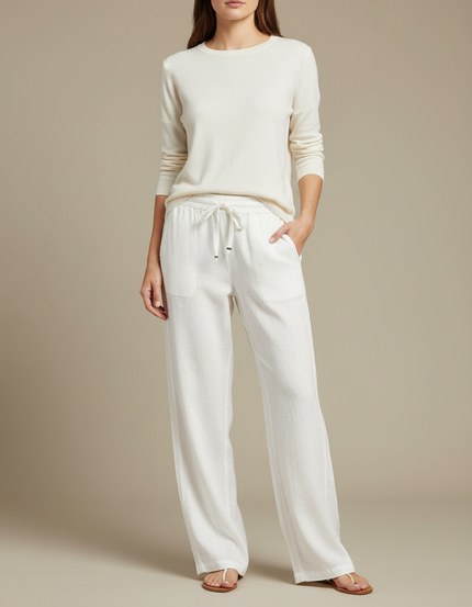 Pantalon Chinois Blanc Lin Ample Cordon Décontracté