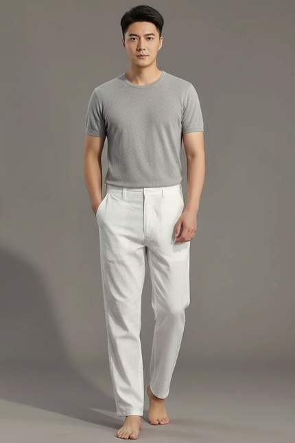 Pantalon Chinois Blanc Lin Droit Décontracté Homme