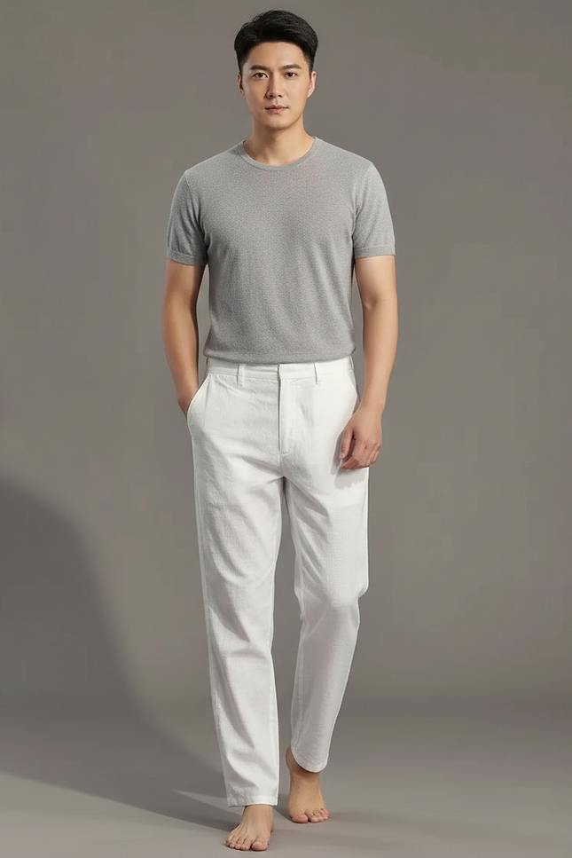 Pantalon Chinois Blanc Lin Droit Décontracté Homme