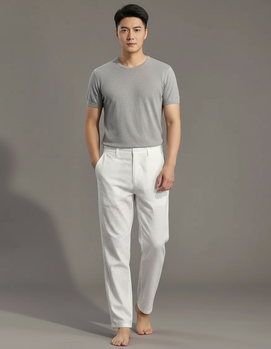 Pantalon Chinois Blanc Lin Droit Décontracté Homme