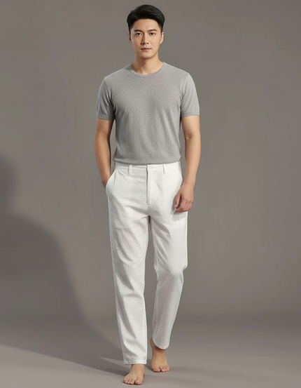 Pantalon Chinois Blanc Lin Droit Décontracté Homme