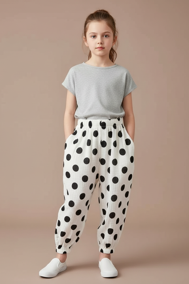 Pantalon Chinois Blanc Ample Polka Dots Enfant Décontracté - Imprimé Coton