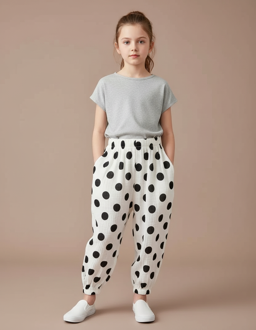 Pantalon Chinois Blanc Ample Polka Dots Enfant Décontracté - Imprimé Coton
