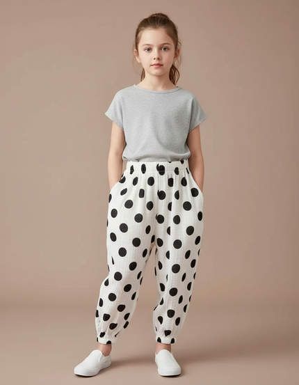 Pantalon Chinois Blanc Ample Polka Dots Enfant Décontracté - Imprimé Coton