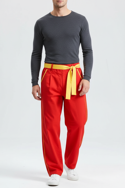 Pantalon Chinois Rouge Jaune Ample Décontracté Homme - Toile