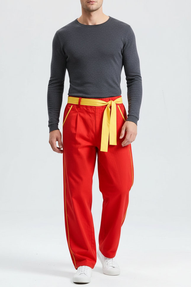 Pantalon Chinois Rouge Jaune Ample Décontracté Homme - Toile