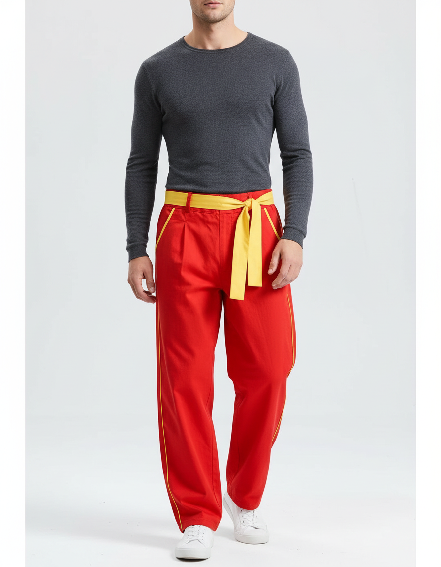 Pantalon Chinois Rouge Jaune Ample Décontracté Homme - Toile