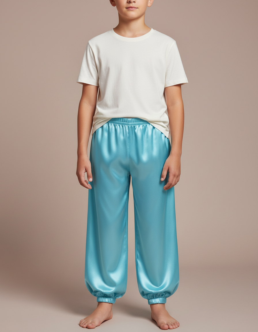 Pantalon Chinois Bleu Satiné Ample Élastique Enfant