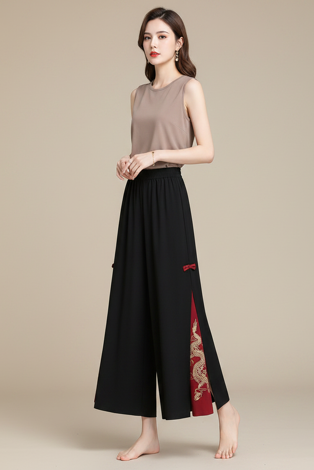 Pantalon Chinois Noir Brodé Dragon Ample Fendu Ethnique - Polyester