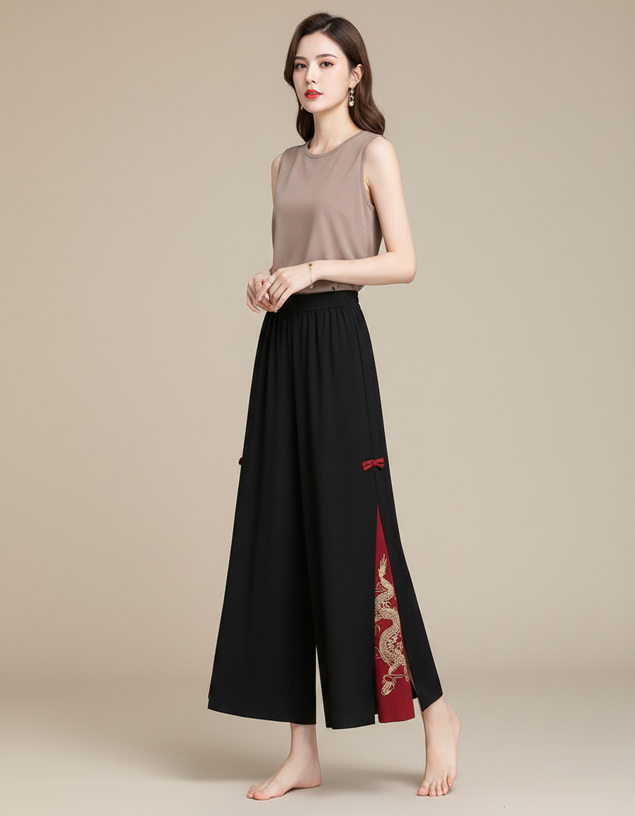 Pantalon Chinois Noir Brodé Dragon Ample Fendu Ethnique - Polyester