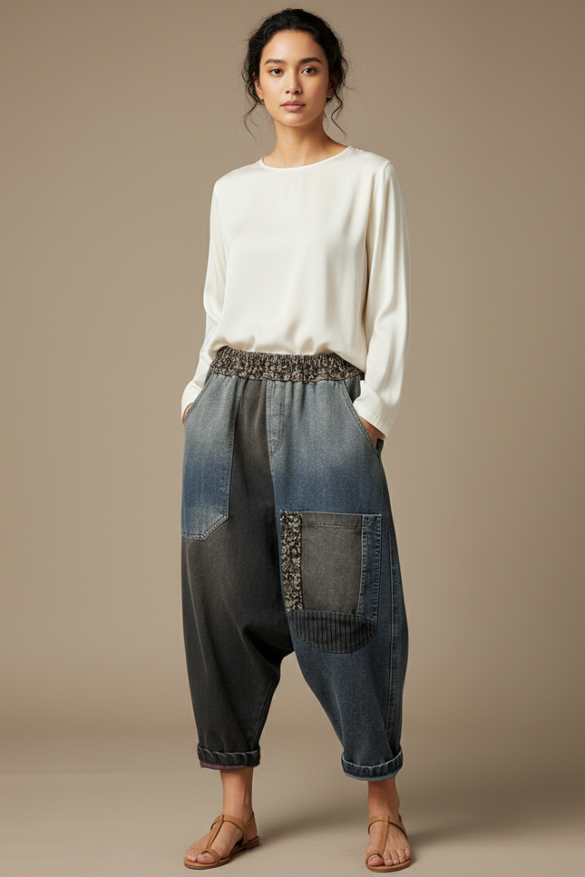 Pantalon Chinois Denim Patchwork Ample Décontracté Femme - Multicolore Jean