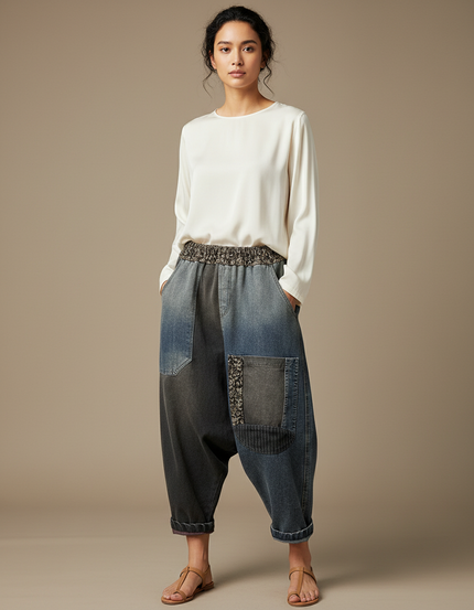Pantalon Chinois Denim Patchwork Ample Décontracté Femme - Multicolore Jean