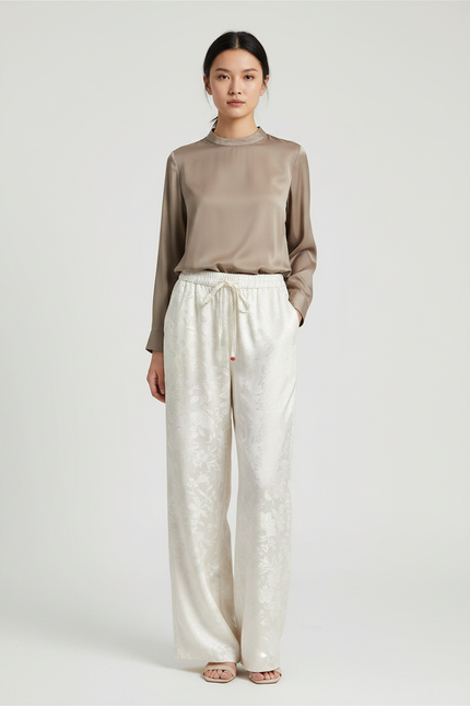 Pantalon Chinois Crème Satin Jacquard Ample Élégant - Beige
