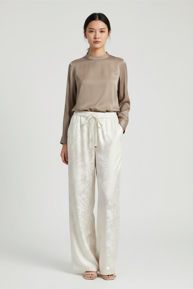 Pantalon Chinois Crème Satin Jacquard Ample Élégant - Beige