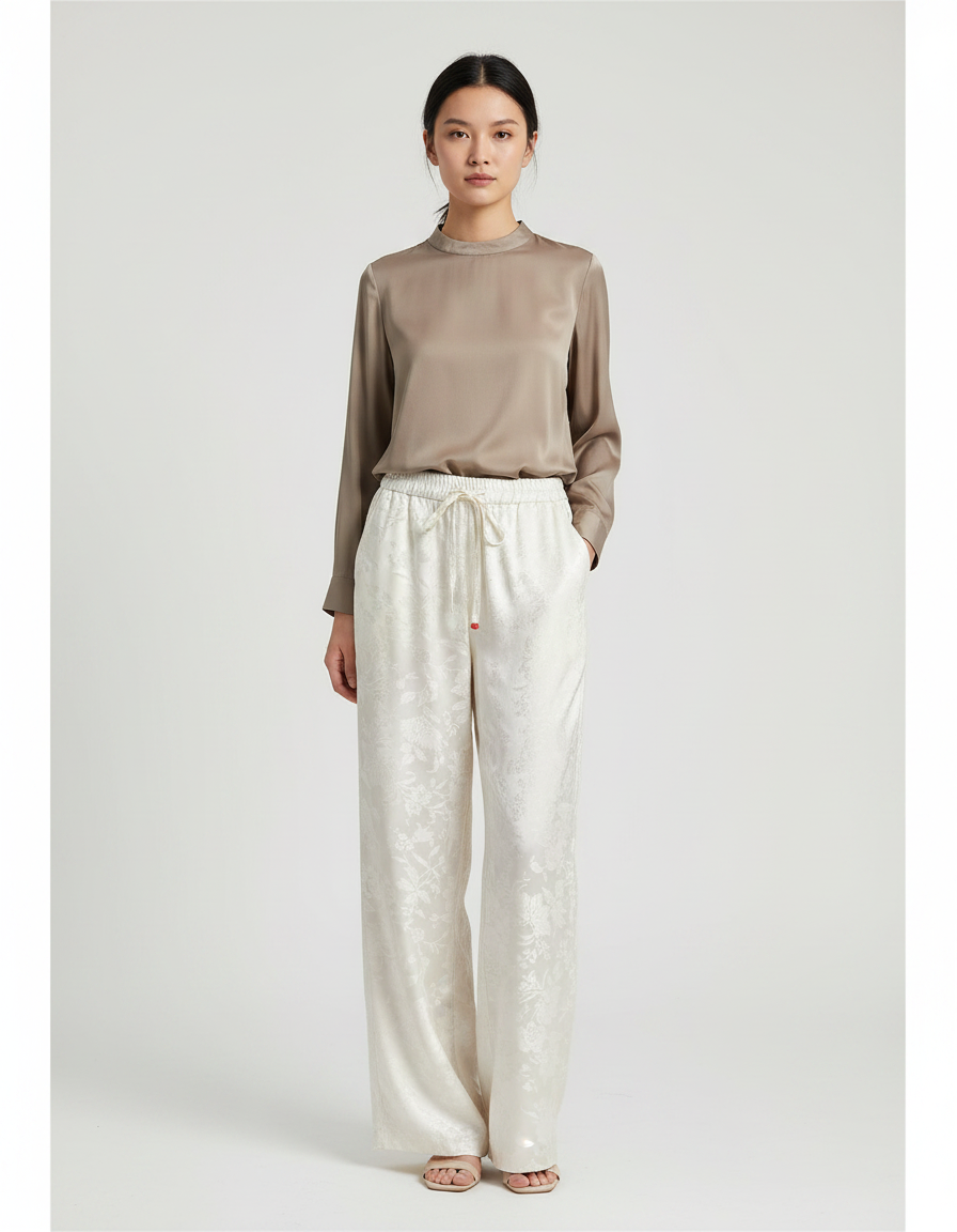 Pantalon Chinois Crème Satin Jacquard Ample Élégant - Beige
