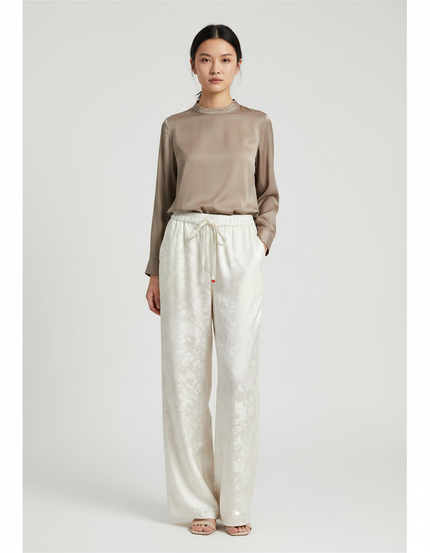 Pantalon Chinois Crème Satin Jacquard Ample Élégant - Beige