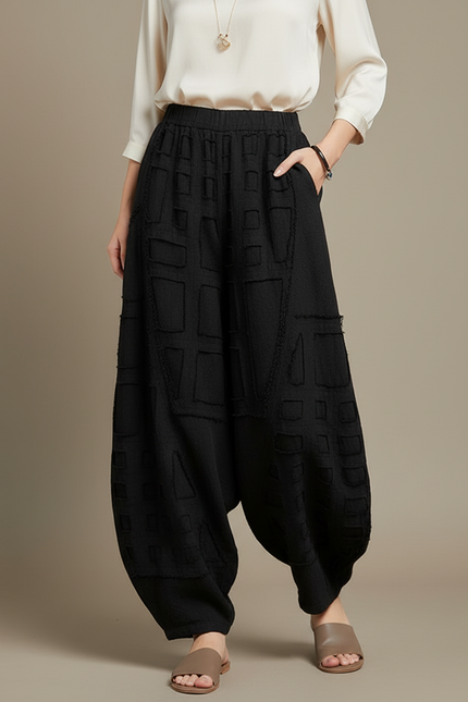 Pantalon Chinois Noir Ample Lin Texturé Femme