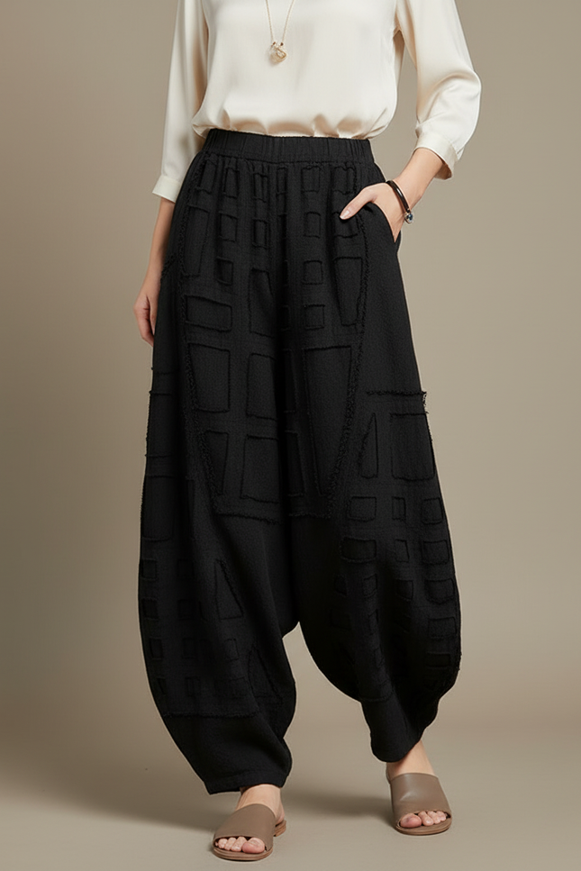 Pantalon Chinois Noir Ample Lin Texturé Femme