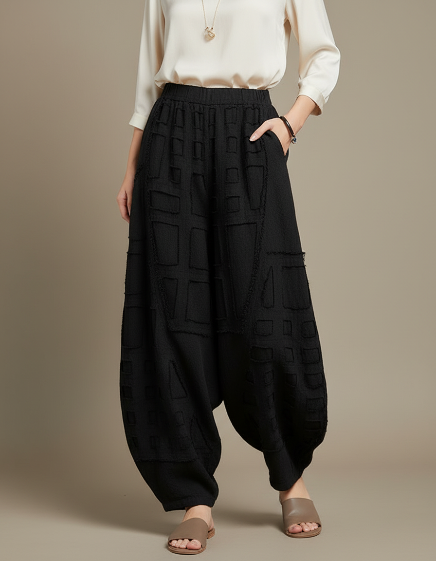 Pantalon Chinois Noir Ample Lin Texturé Femme