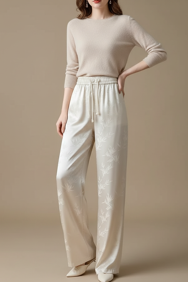 Pantalon Chinois Satin Jacquard Ample Écru Fluide Élégant - Beige