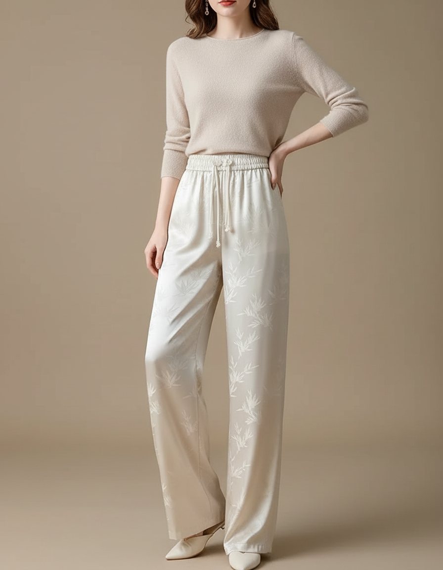 Pantalon Chinois Satin Jacquard Ample Écru Fluide Élégant - Beige