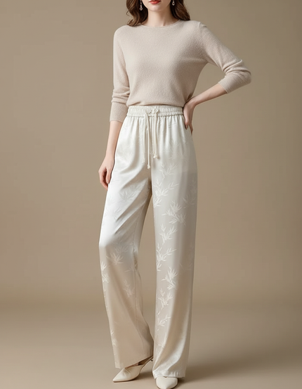 Pantalon Chinois Satin Jacquard Ample Écru Fluide Élégant - Beige