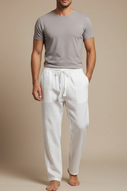 Pantalon Chinois Blanc Lin Ample Décontracté Cordon