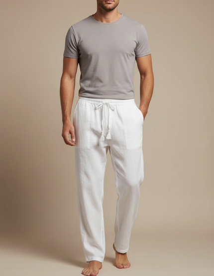 Pantalon Chinois Blanc Lin Ample Décontracté Cordon